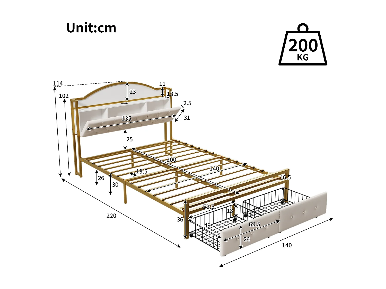 Cama plana de 140*200 cm, cabecero con compartimento integrado, toma USB, cajón doble al final de la cama, color dorado