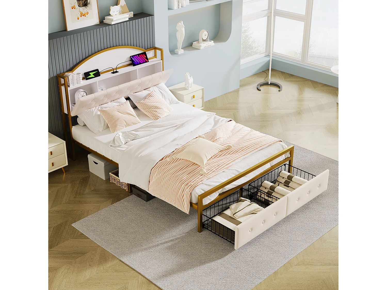 Cama plana de 140*200 cm, cabecero con compartimento integrado, toma USB, cajón doble al final de la cama, color dorado
