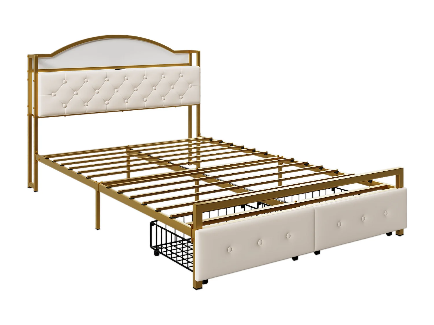 Cama plana de 140*200 cm, cabecero con compartimento integrado, toma USB, cajón doble al final de la cama, color dorado