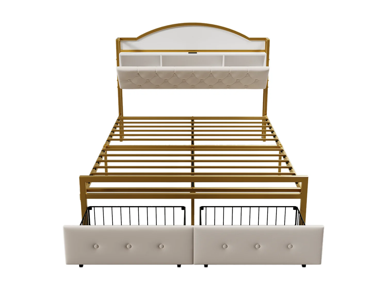Cama plana de 140*200 cm, cabecero con compartimento integrado, toma USB, cajón doble al final de la cama, color dorado