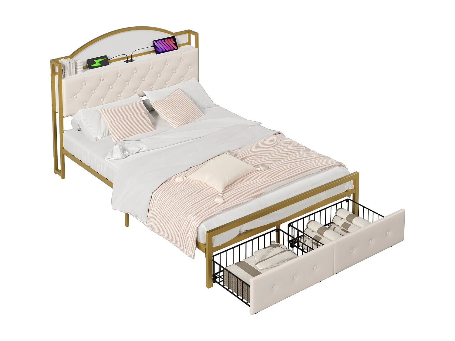 Cama plana de 140*200 cm, cabecero con compartimento integrado, toma USB, cajón doble al final de la cama, color dorado