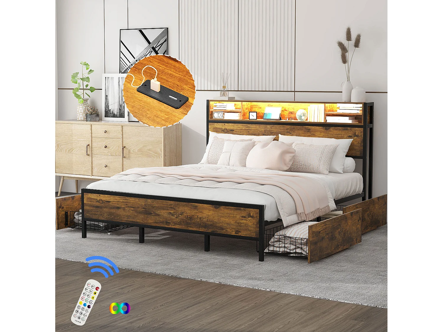 Cama acolchoada para adulto 180 x 566 cm, sem cabeceira, com faixa LED (monocromática), base com suspensão hidráulica, bege.