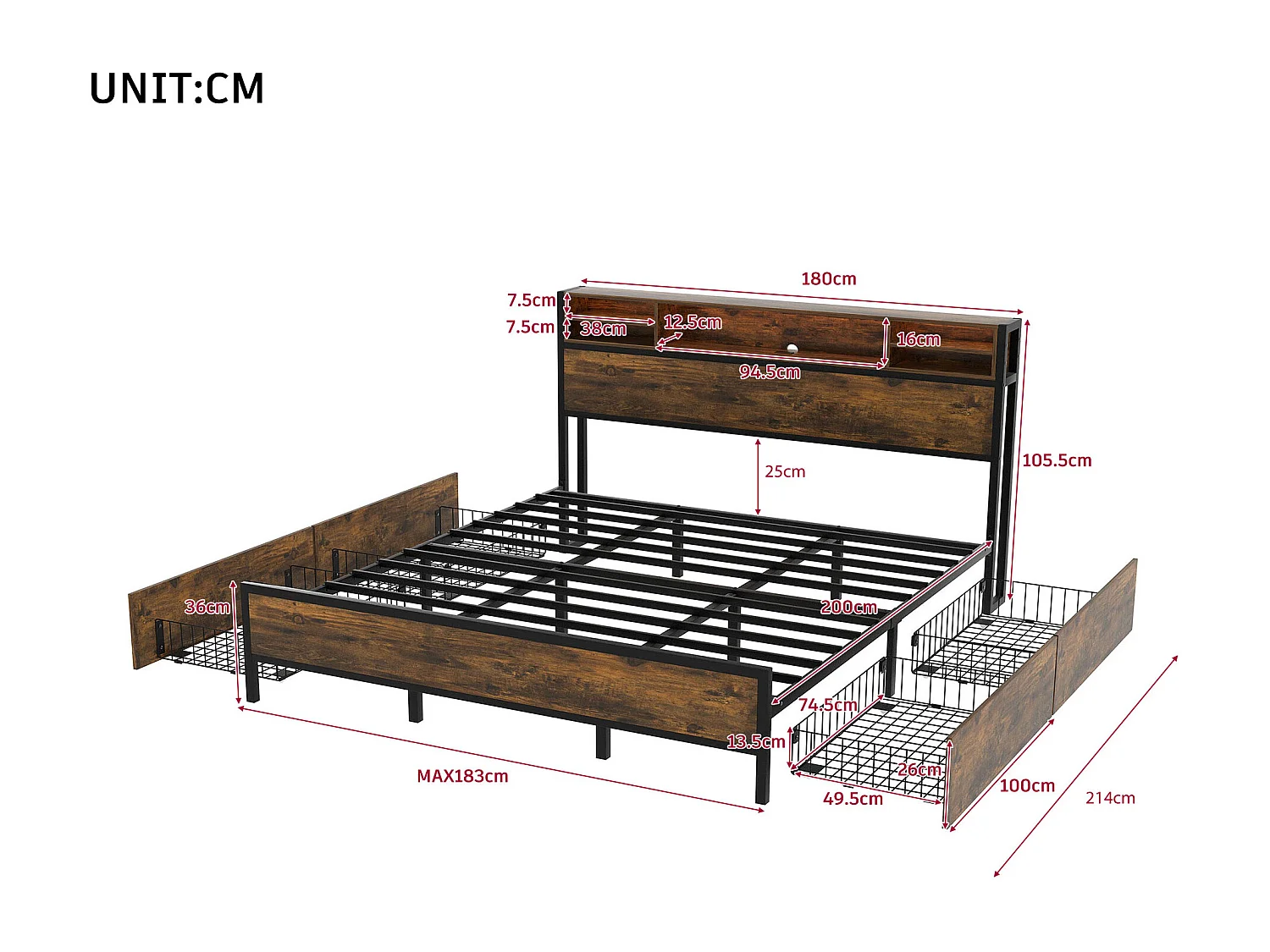 Cama acolchoada para adulto 180 x 566 cm, sem cabeceira, com faixa LED (monocromática), base com suspensão hidráulica, bege.