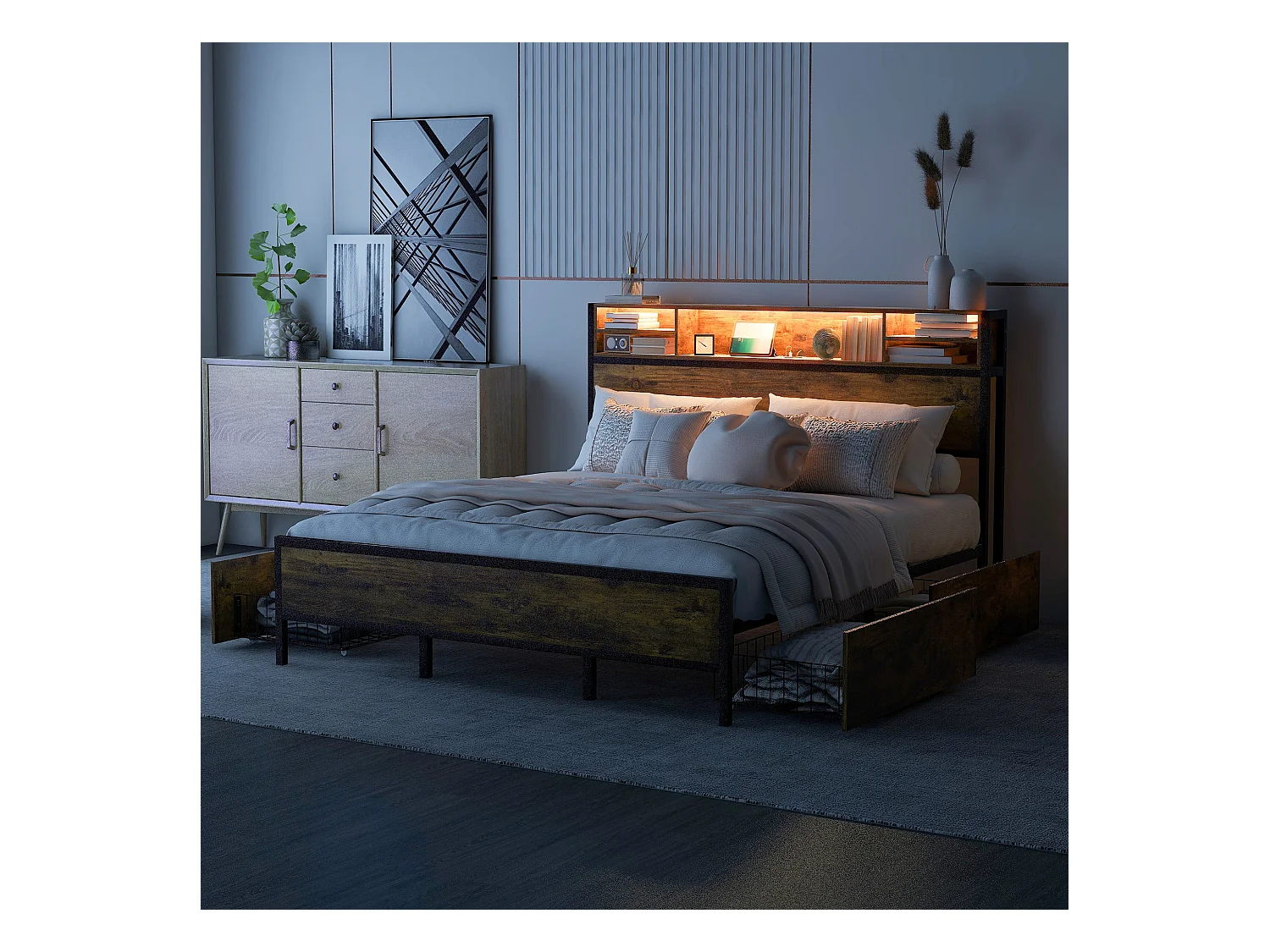 Letto piatto 180 * 200 cm con rete a doghe e testiera, letto a LED con connessione di ricarica USB, funzione memoria, metallo, marrone