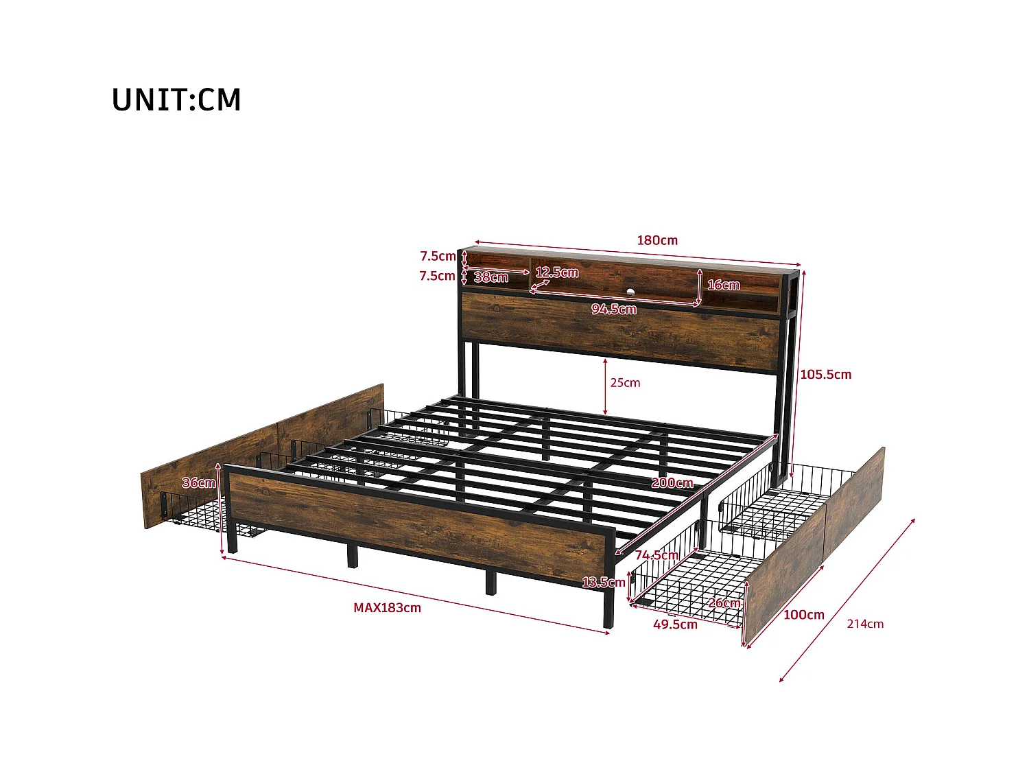 Letto piatto 180 * 200 cm con rete a doghe e testiera, letto a LED con connessione di ricarica USB, funzione memoria, metallo, marrone