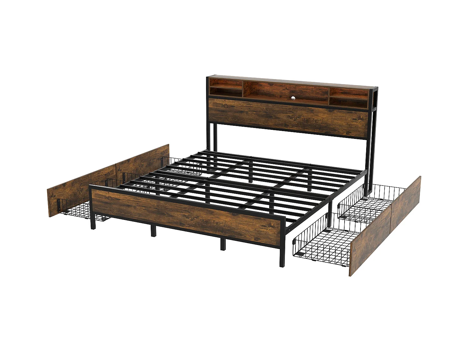 Letto piatto 180 * 200 cm con rete a doghe e testiera, letto a LED con connessione di ricarica USB, funzione memoria, metallo, marrone