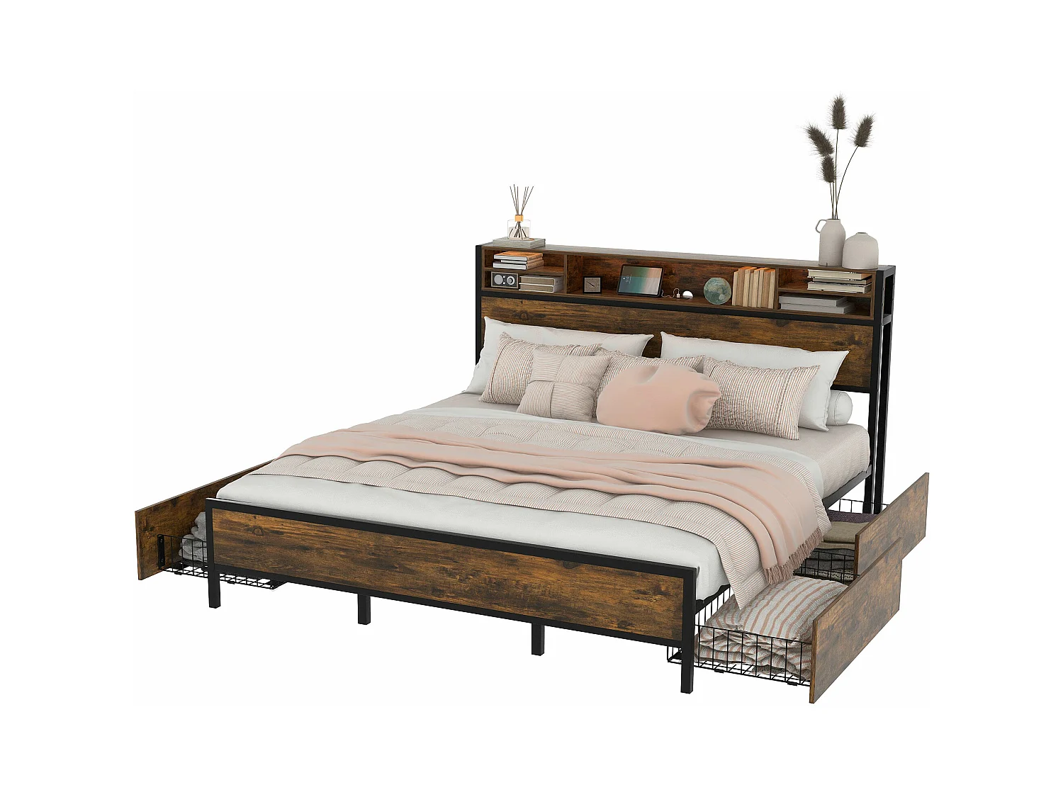 Letto piatto 180 * 200 cm con rete a doghe e testiera, letto a LED con connessione di ricarica USB, funzione memoria, metallo, marrone