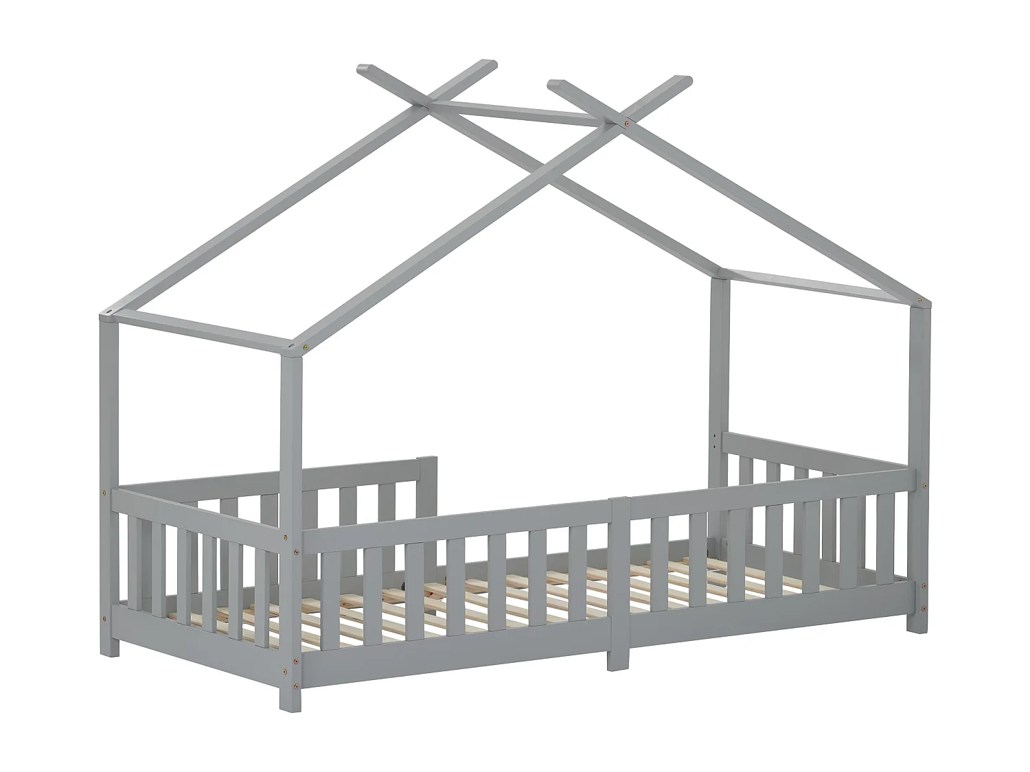 Lit d'enfant 200x90 cm, en bois massif, avec barrière et sommier à lattes avec protection contre les chutes, gris