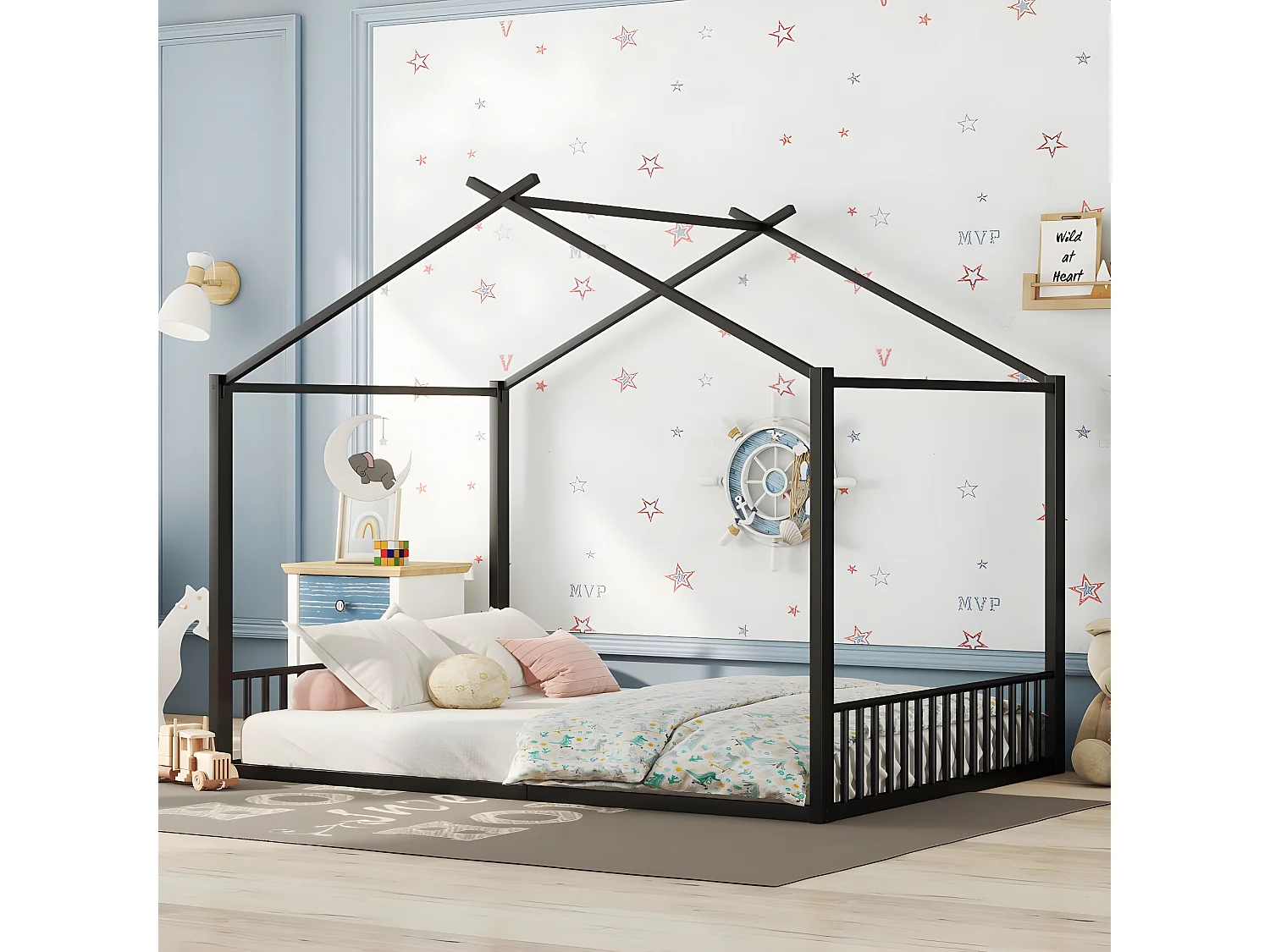 140*200cm lit plat, lit à cadre en fer, lit d'enfant, barre de maison, noir