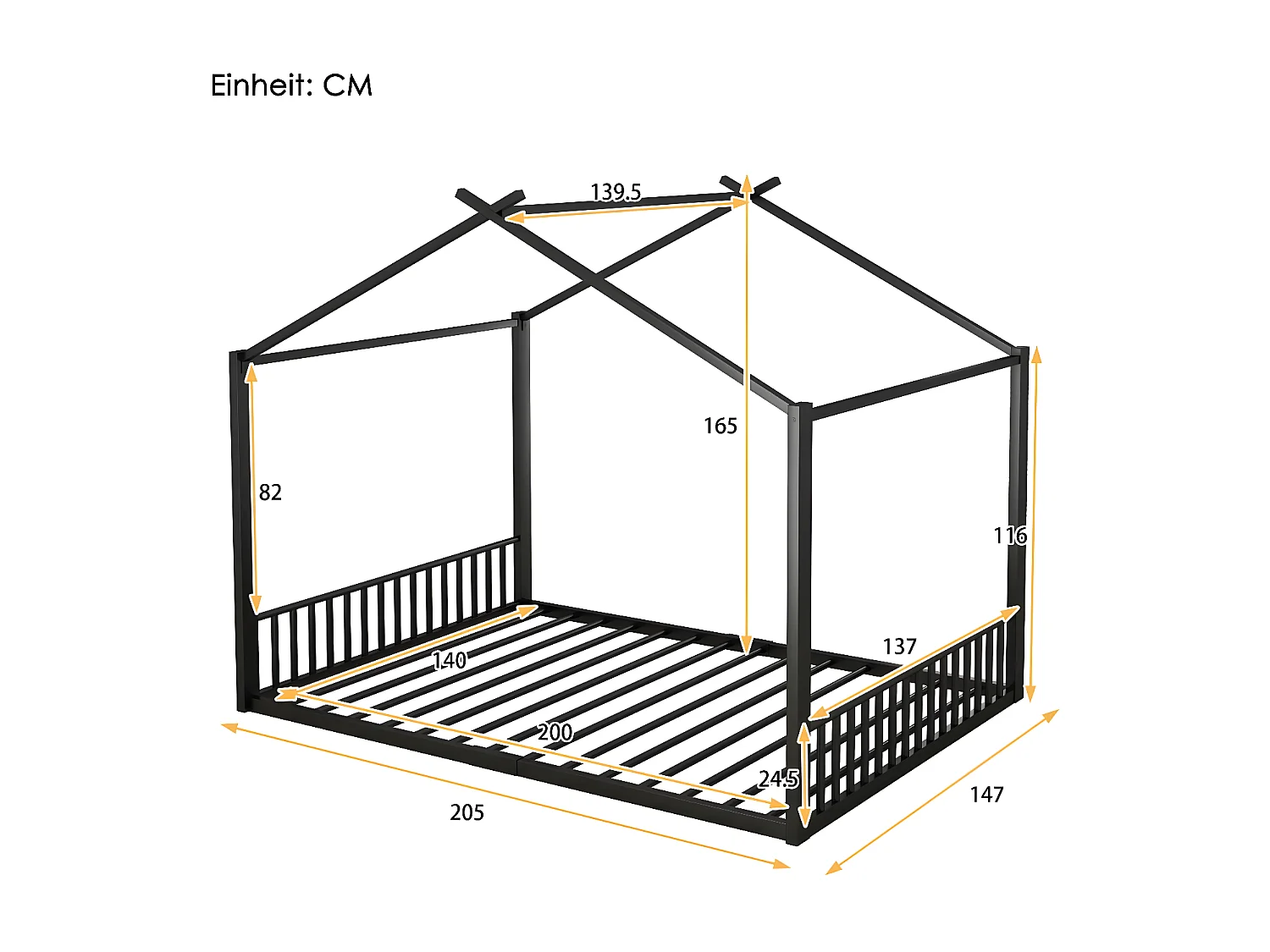 140*200cm lit plat, lit à cadre en fer, lit d'enfant, barre de maison, noir