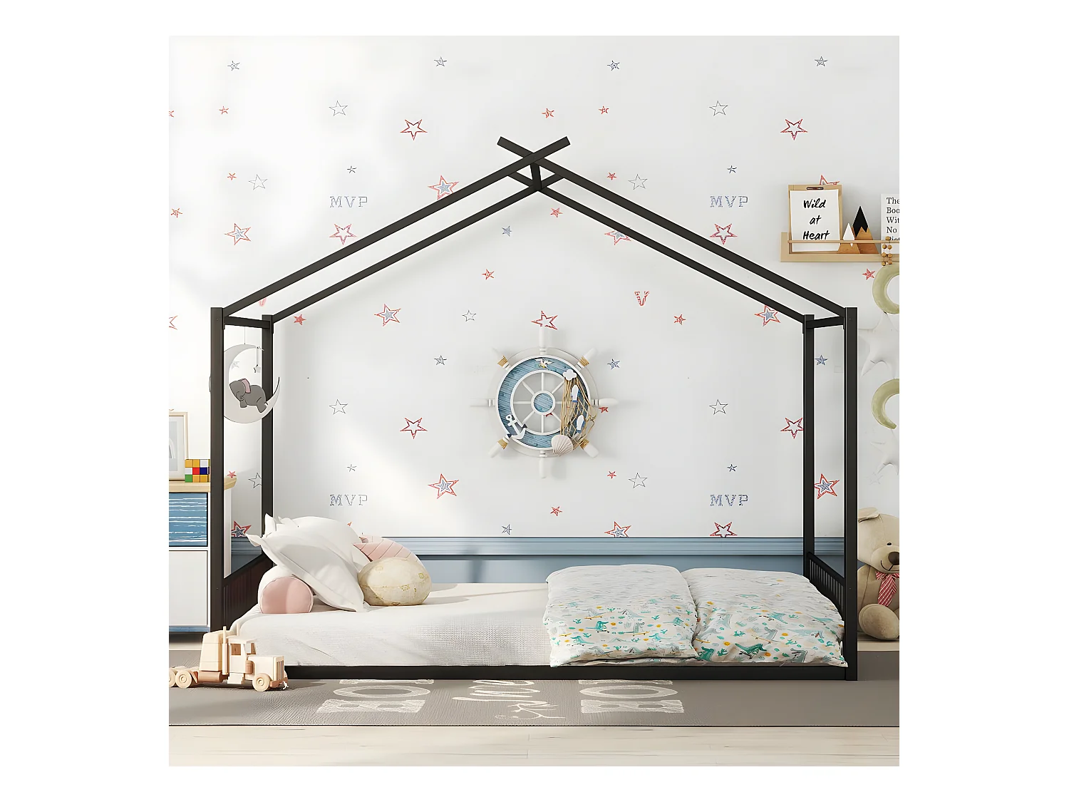 140*200cm lit plat, lit à cadre en fer, lit d'enfant, barre de maison, noir