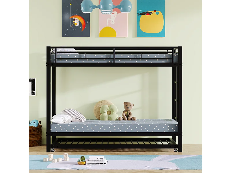 90*200 cm Etagenbett, Eisenbett, Kinderbett, ausgestattet mit einem ausziehbaren Bett, hohe Geländer, robuste Konstruktion, Schwarz