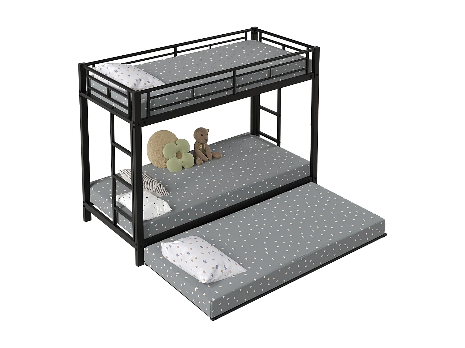 90*200 cm Lit superposé, lit en fer, lit pour enfants, équipé d'un lit escamotable, garde-corps hauts, construction robuste, noir