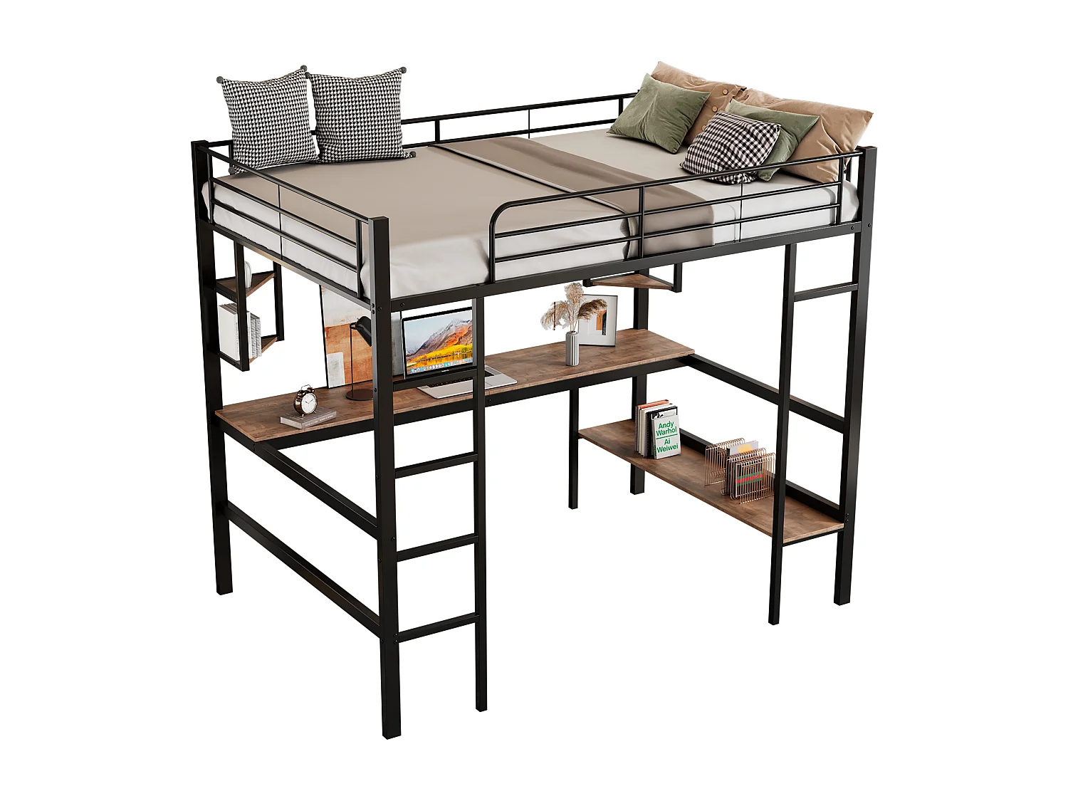 90x200cm cadre de lit lit lit en métal, lit en fer avec Bureau, avec quatre petites étagères et une grande étagère, noir