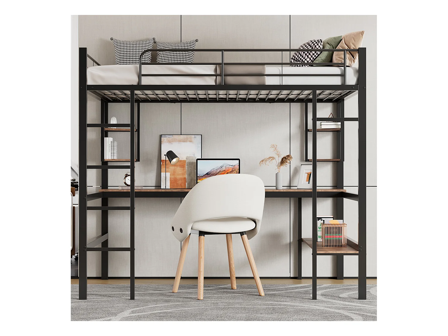 90x200cm Bettrahmen Metallbett, Eisenbett mit Schreibtisch, mit vier kleinen Regalen und einem großen Regal, Schwarz
