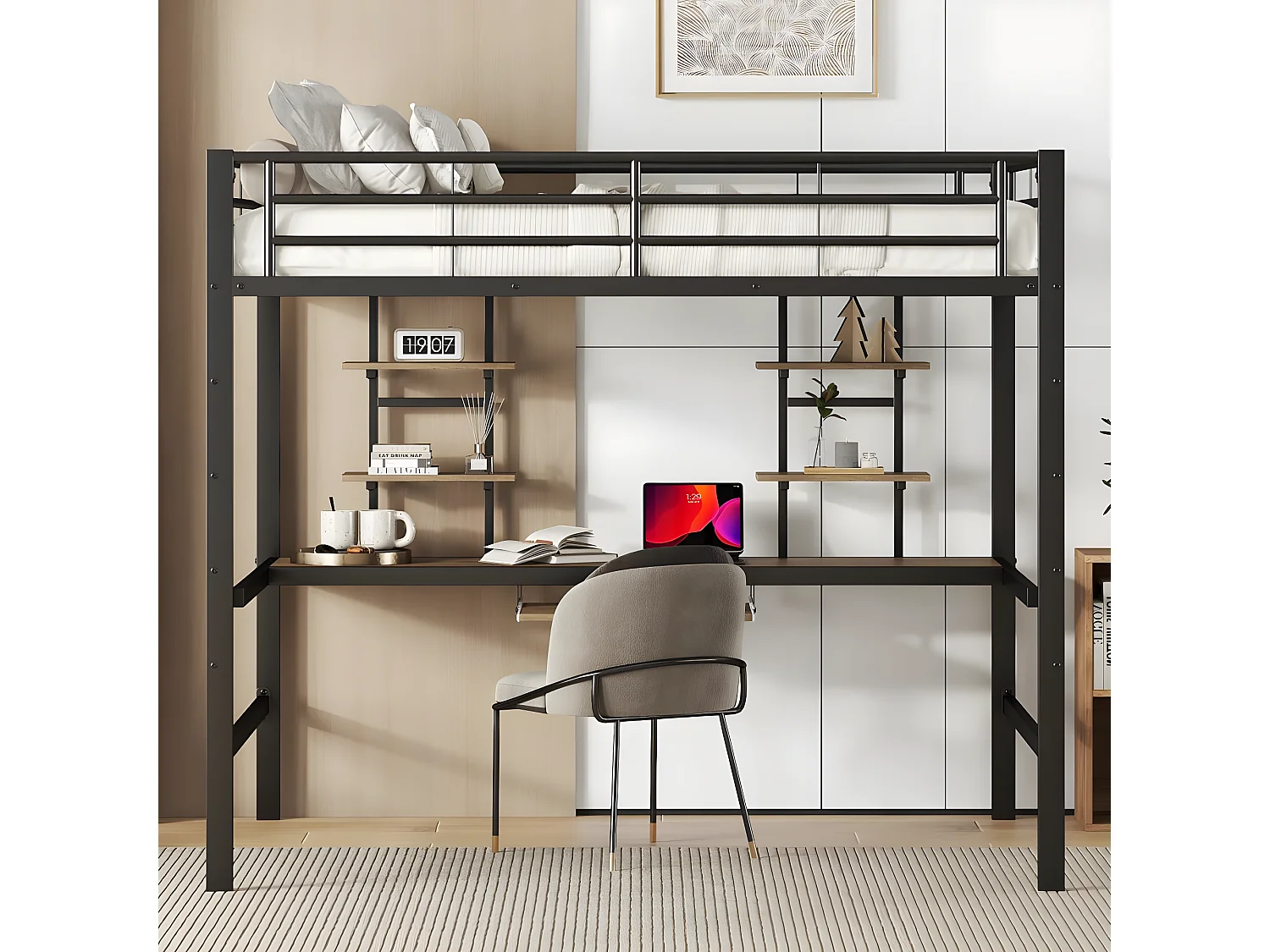 Armazón de cama metálico, cama alta con escritorio y dos estanterías para niños, adolescentes y adultos, 140x200 cm, negro