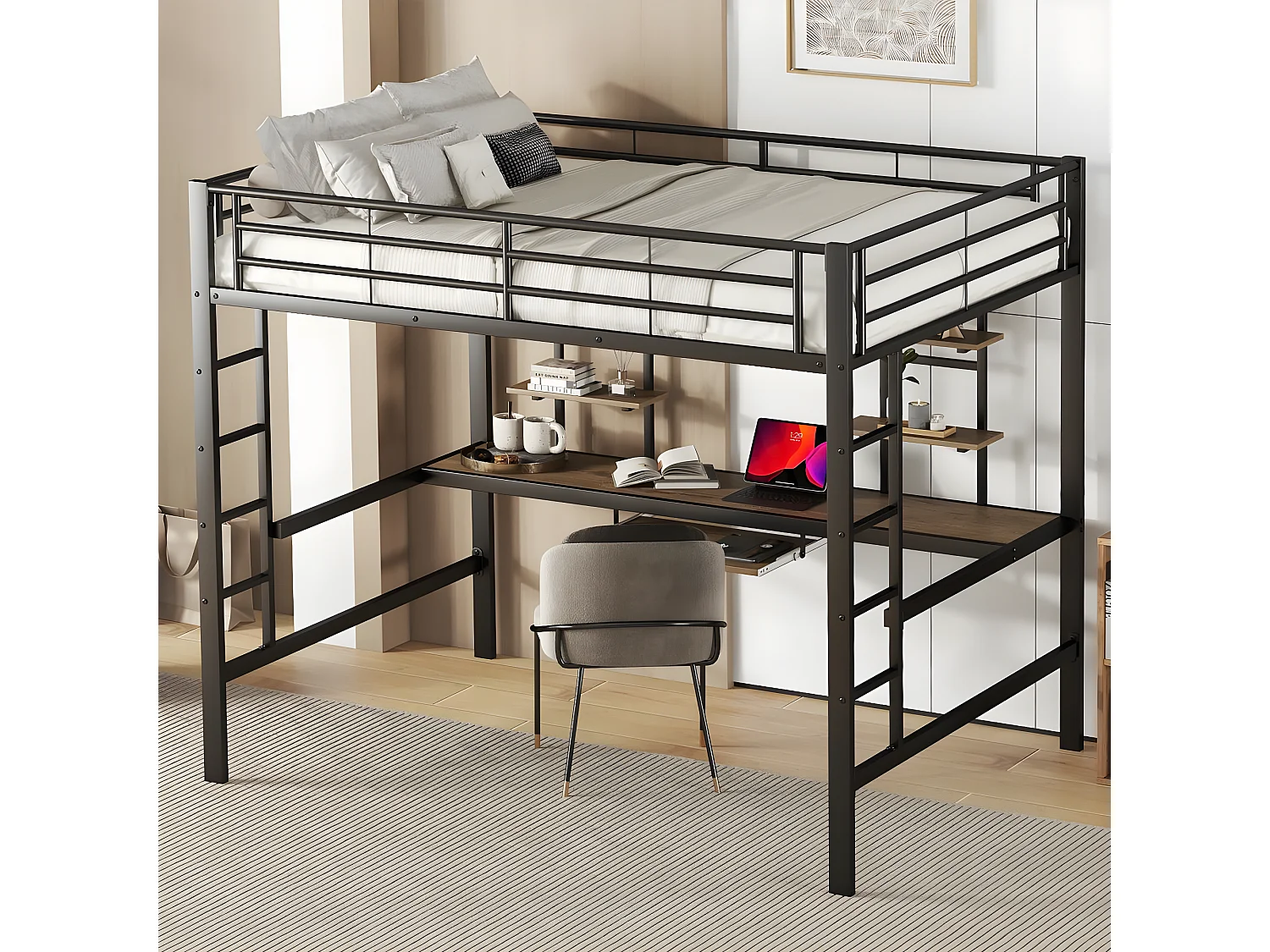 Armazón de cama metálico, cama alta con escritorio y dos estanterías para niños, adolescentes y adultos, 140x200 cm, negro