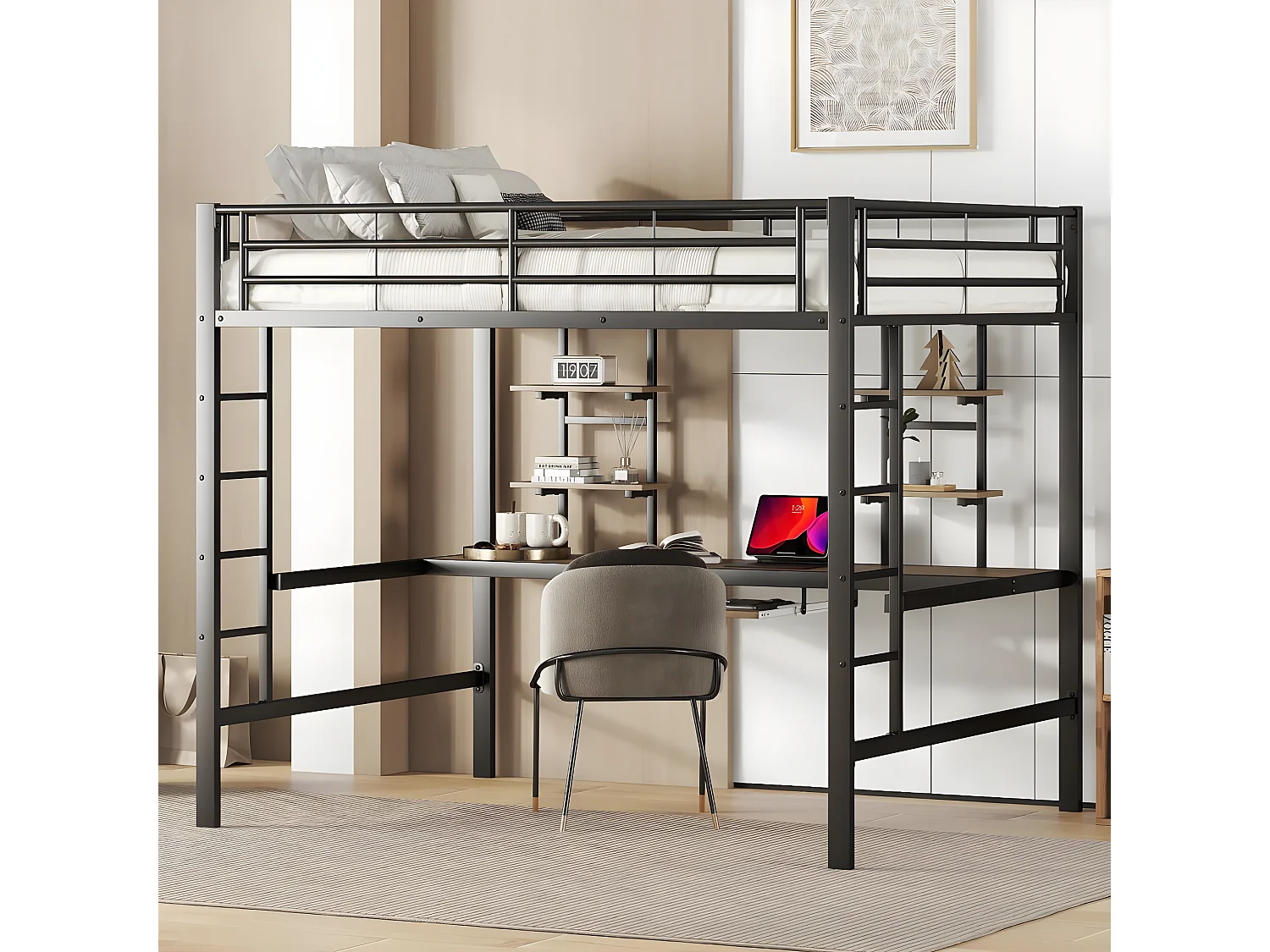 Armazón de cama metálico, cama alta con escritorio y dos estanterías para niños, adolescentes y adultos, 140x200 cm, negro