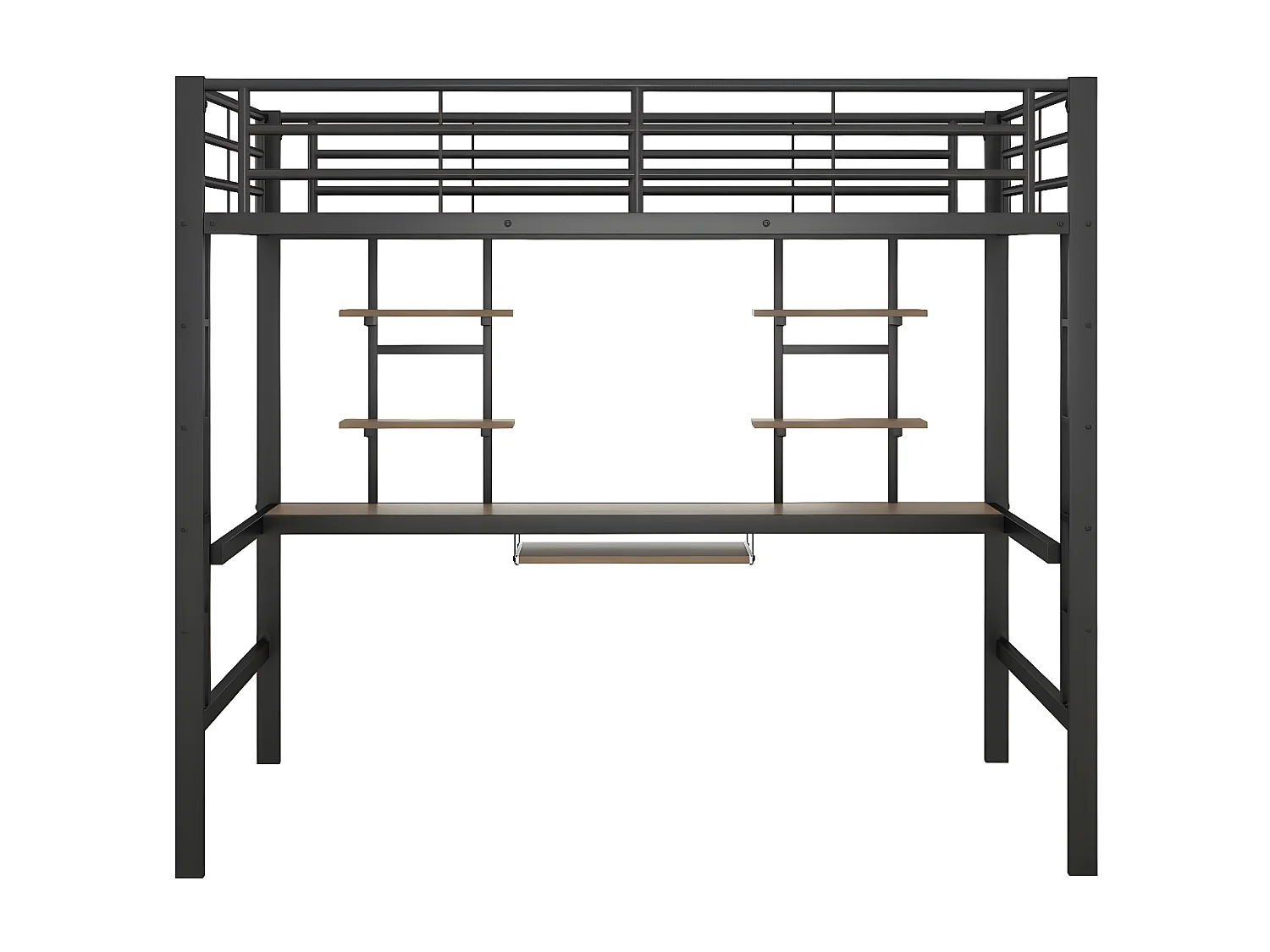 Armazón de cama metálico, cama alta con escritorio y dos estanterías para niños, adolescentes y adultos, 140x200 cm, negro