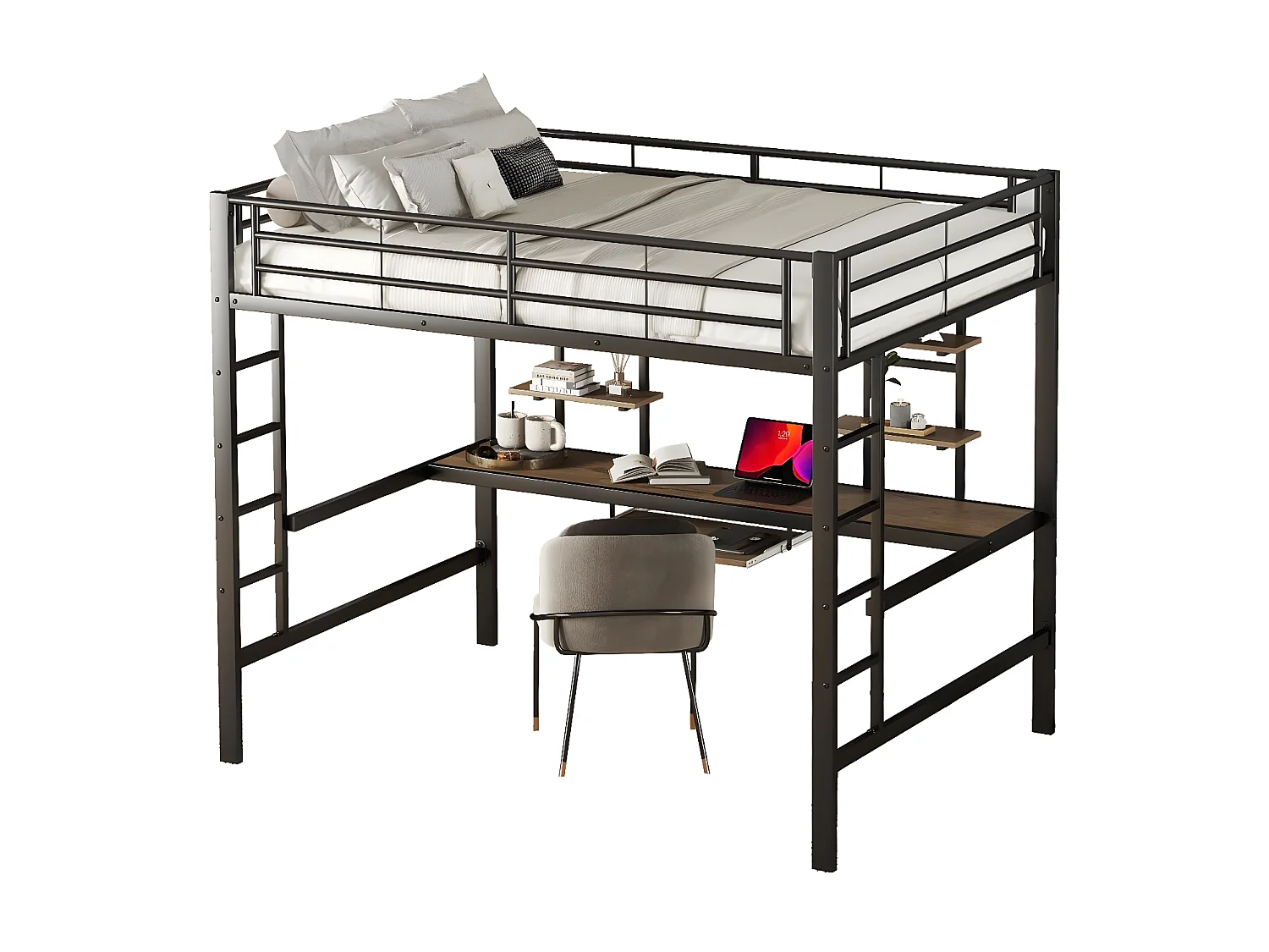 Cadre de lit en métal, loft bed avec bureau et deux bibliothèques pour enfants, adolescents et adultes, 140x200 cm, noir