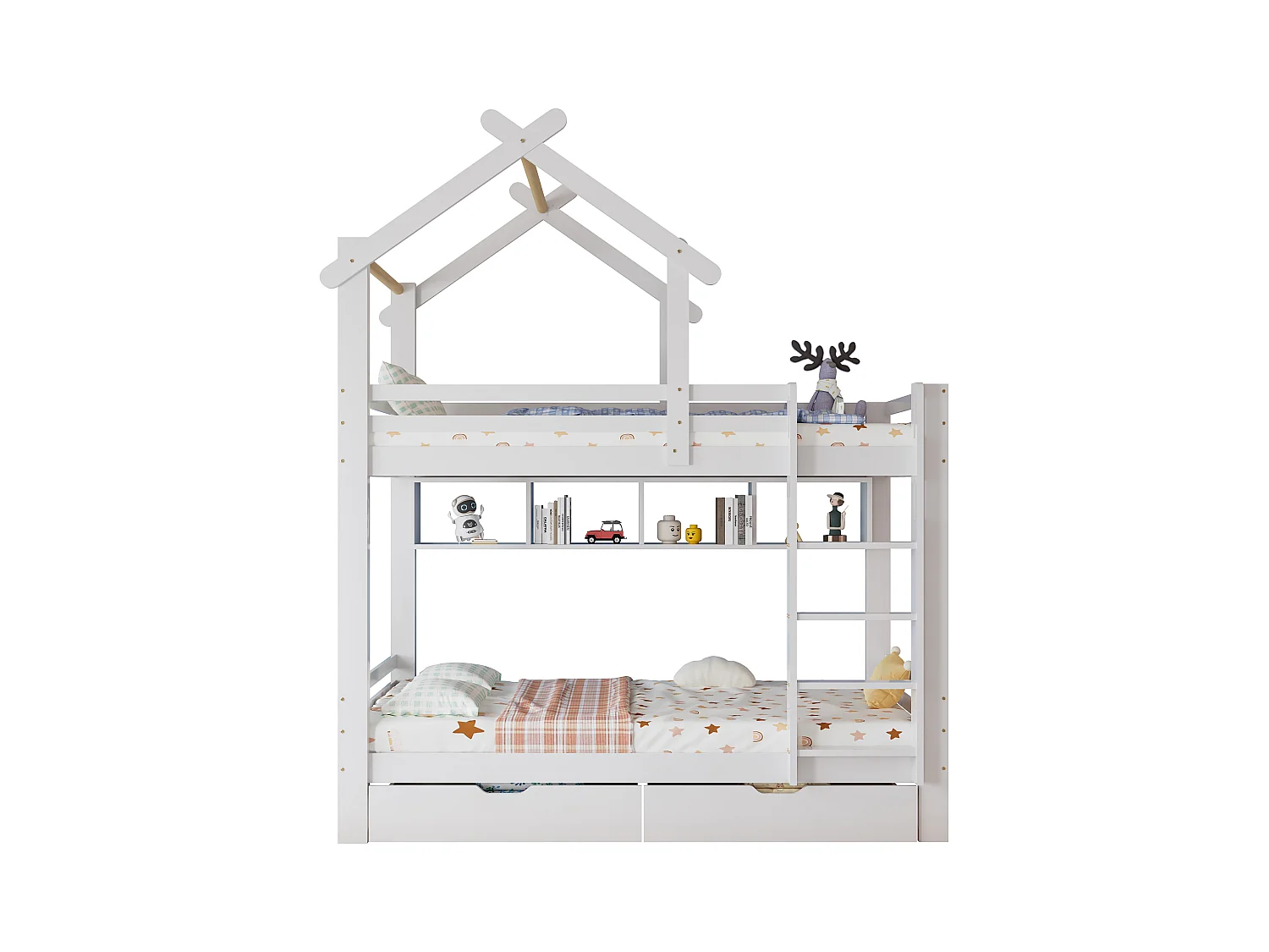 Lit superposé pour enfants avec échelle à angle droit, protection contre les chutes et garde-corps, tiroirs et étagères, blanc, 90x200 cm