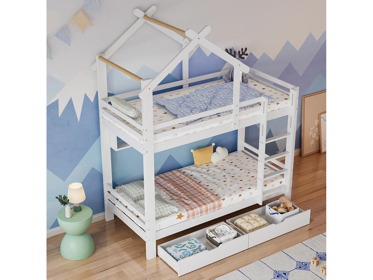 Lit superposé pour enfants avec échelle à angle droit, protection contre les chutes et garde-corps, tiroirs et étagères, blanc, 90x200 cm