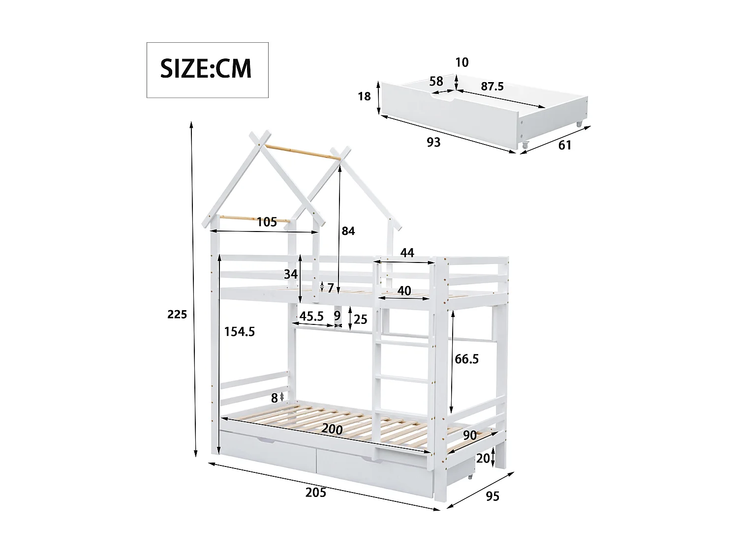 Lit superposé pour enfants avec échelle à angle droit, protection contre les chutes et garde-corps, tiroirs et étagères, blanc, 90x200 cm