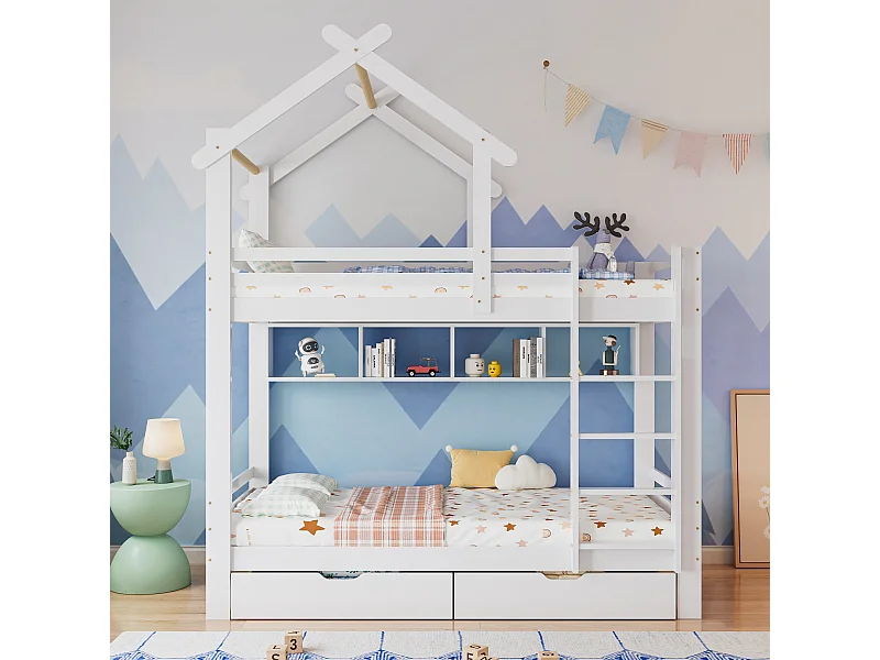 Lit superposé pour enfants avec échelle à angle droit, protection contre les chutes et garde-corps, tiroirs et étagères, blanc, 90x200 cm