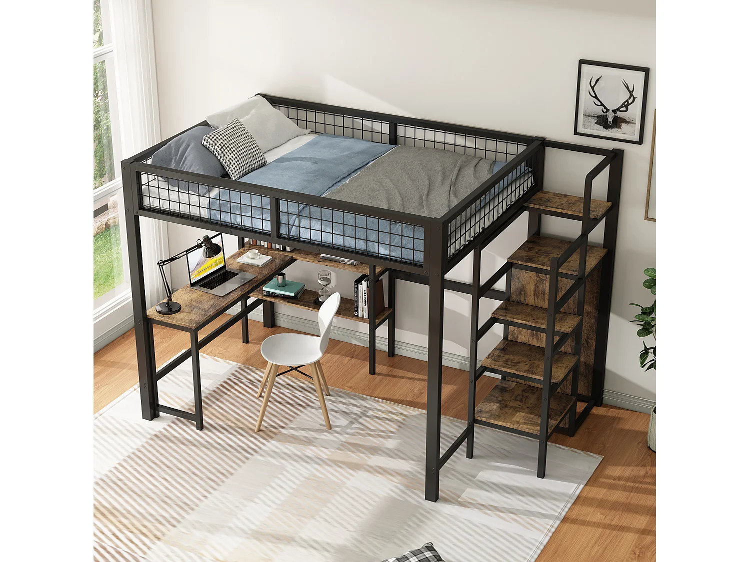 Lit superposé 140 * 200cm, lit en fer, sous la table, plusieurs étagères, armoire intégrée, noir