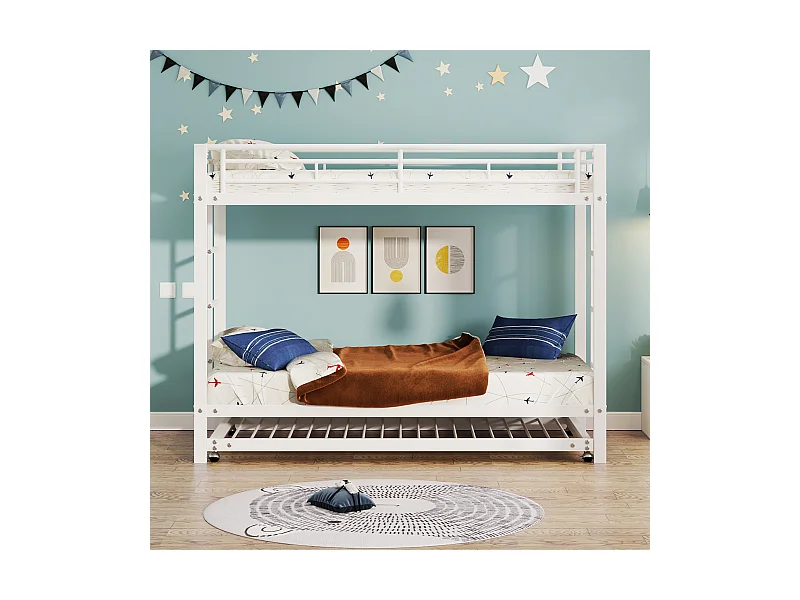 90*200 cm Lit superposé, lit en fer, lit pour enfant, équipé d'un lit escamotable, garde-corps hauts, structure robuste, blanc