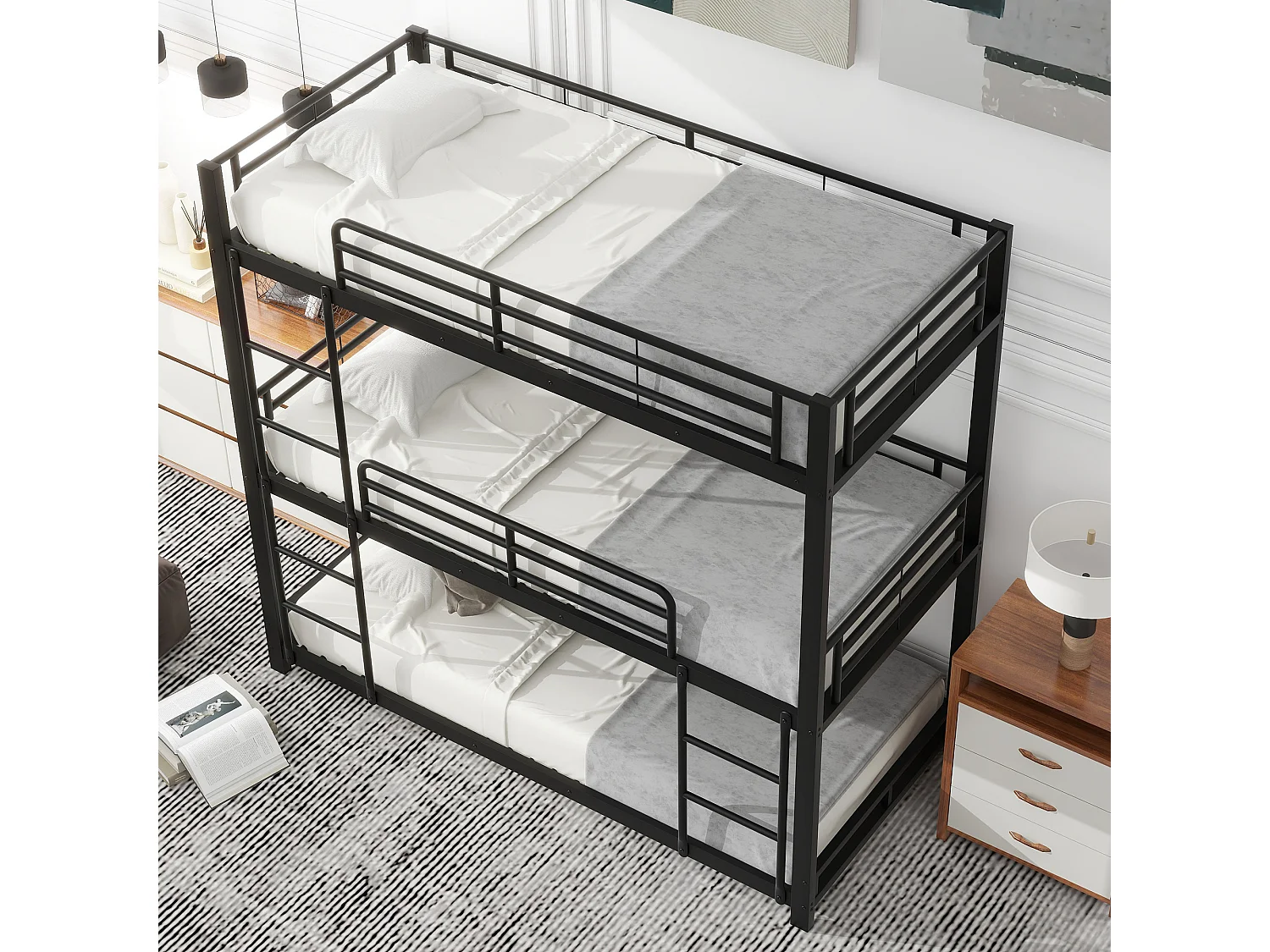 90x200cm marco de la cama de metal con literas para niños, adolescentes y adultos, negro