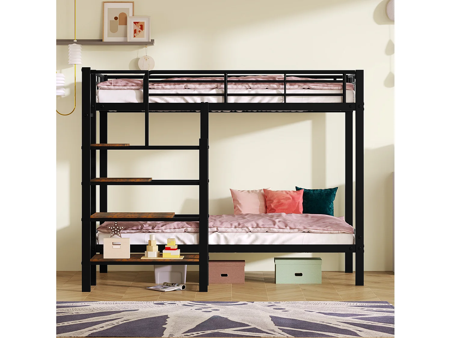 Lit superposé, lit en fer, lit pour enfants, avec étagères et échelle, robuste et durable, noir, 90*200 cm