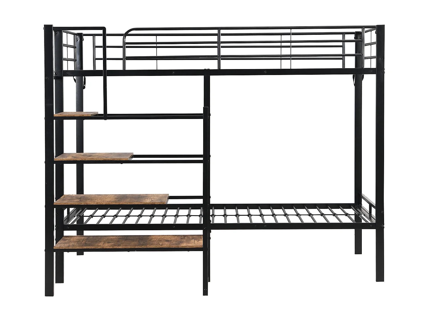 Lit superposé, lit en fer, lit pour enfants, avec étagères et échelle, robuste et durable, noir, 90*200 cm