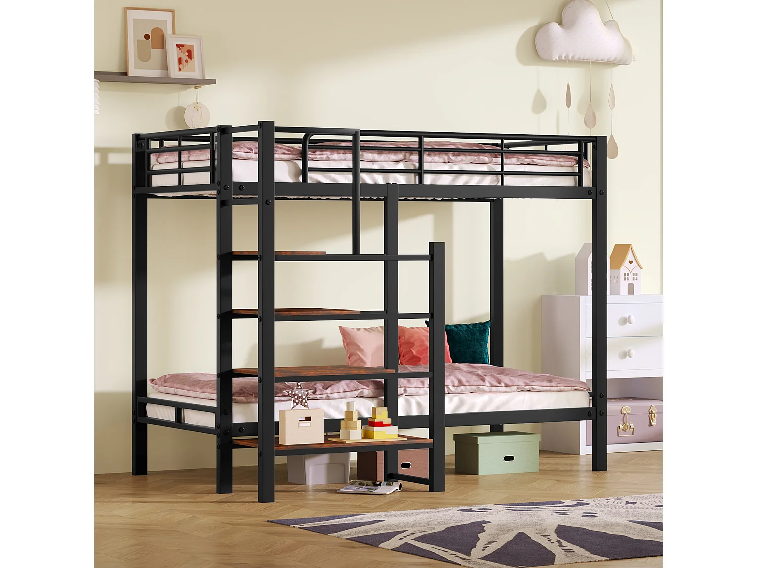 Lit superposé, lit en fer, lit pour enfants, avec étagères et échelle, robuste et durable, noir, 90*200 cm