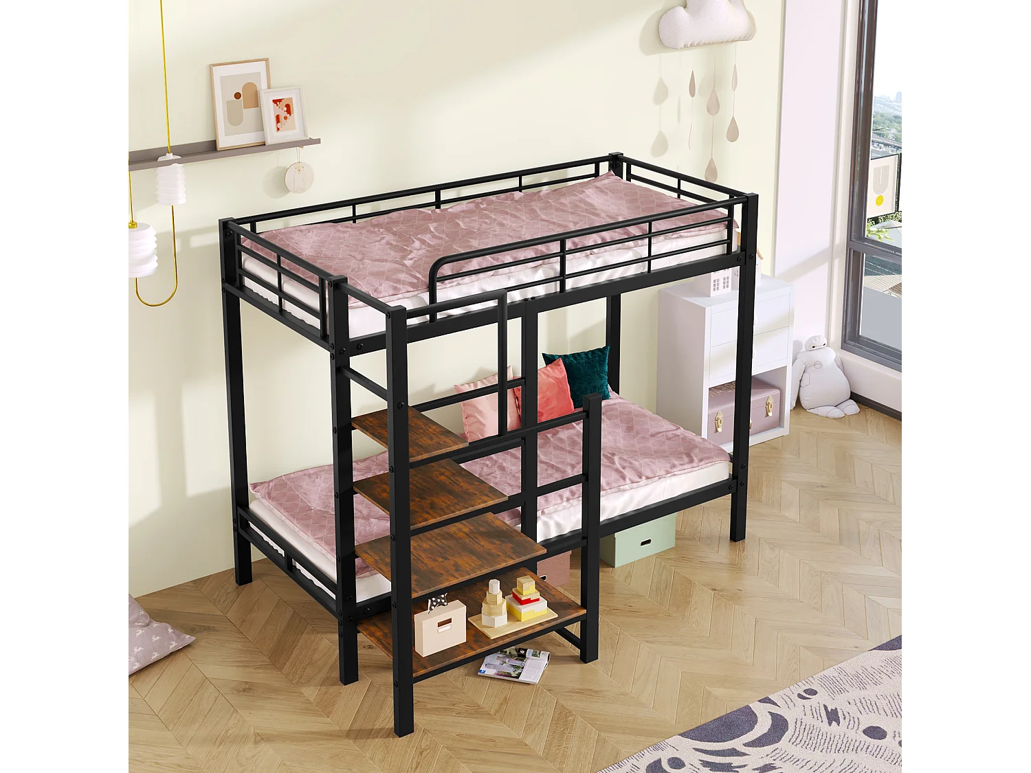 Lit superposé, lit en fer, lit pour enfants, avec étagères et échelle, robuste et durable, noir, 90*200 cm