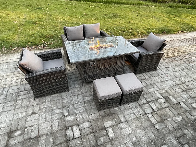 6-Sitzer Rattan Gartensofa Set Gartenmöbel Gas Feuerstelle Esstisch mit 2 Kleiner Fußhocker Dunkelgrau Gemischt