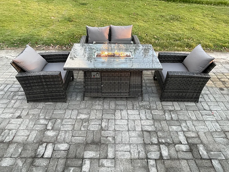 4-Sitzer Rattan Gartensofa Set Gartenmöbel Gas Feuerstelle Esstisch Heater Dunkelgrau Gemischt