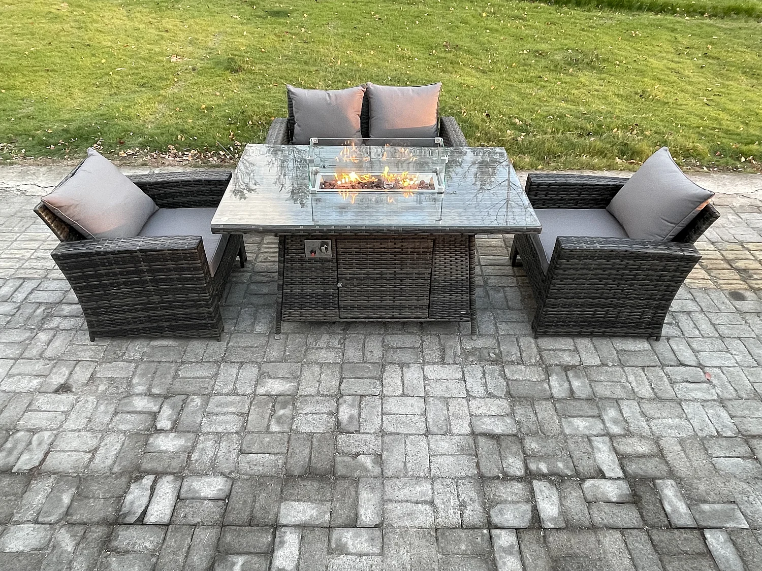 4-Sitzer Rattan Gartensofa Set Gartenmöbel Gas Feuerstelle Esstisch Heater Dunkelgrau Gemischt