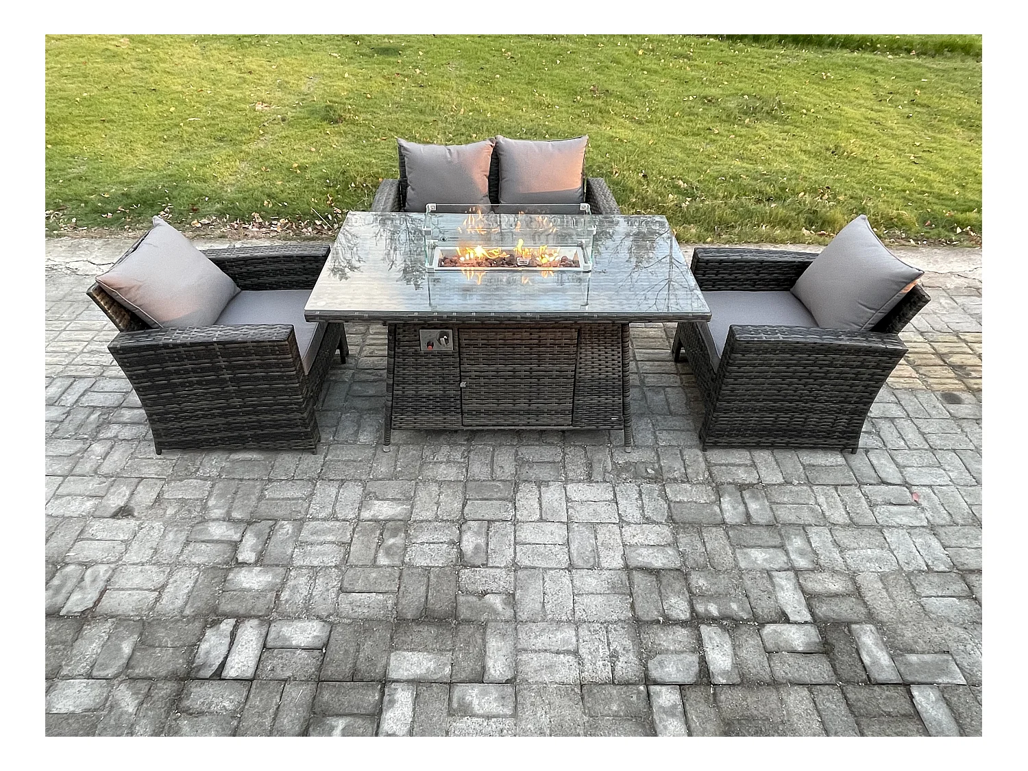 4 Places Rotin Canapé de jardin Set Meubles de jardin Foyer à gaz Table à manger Heater Gris foncé
