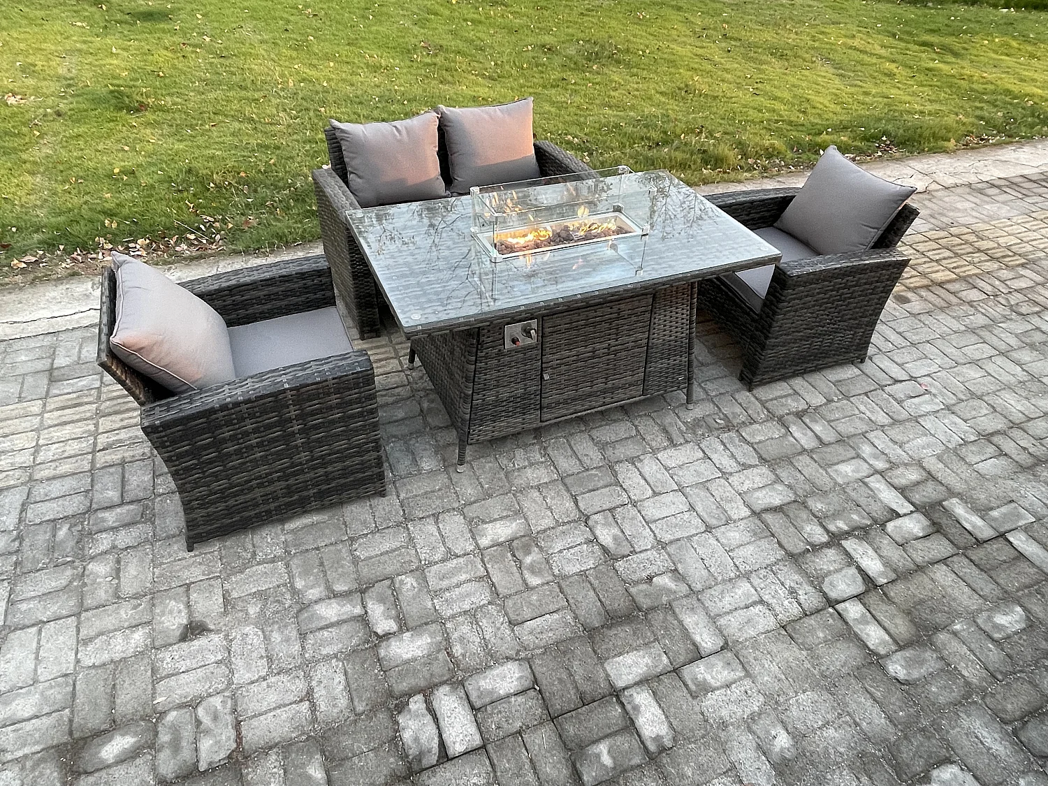 4-Sitzer Rattan Gartensofa Set Gartenmöbel Gas Feuerstelle Esstisch Heater Dunkelgrau Gemischt