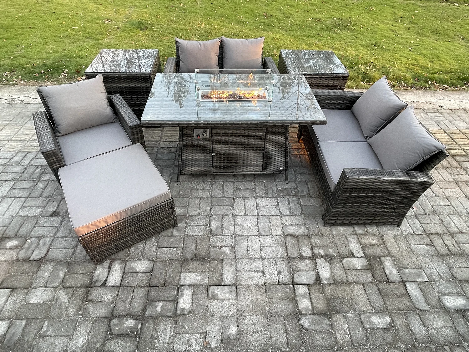 Ensemble de meubles de jardin en rotin Table de foyer à gaz Sets 2 Table d'appoint 6 Places