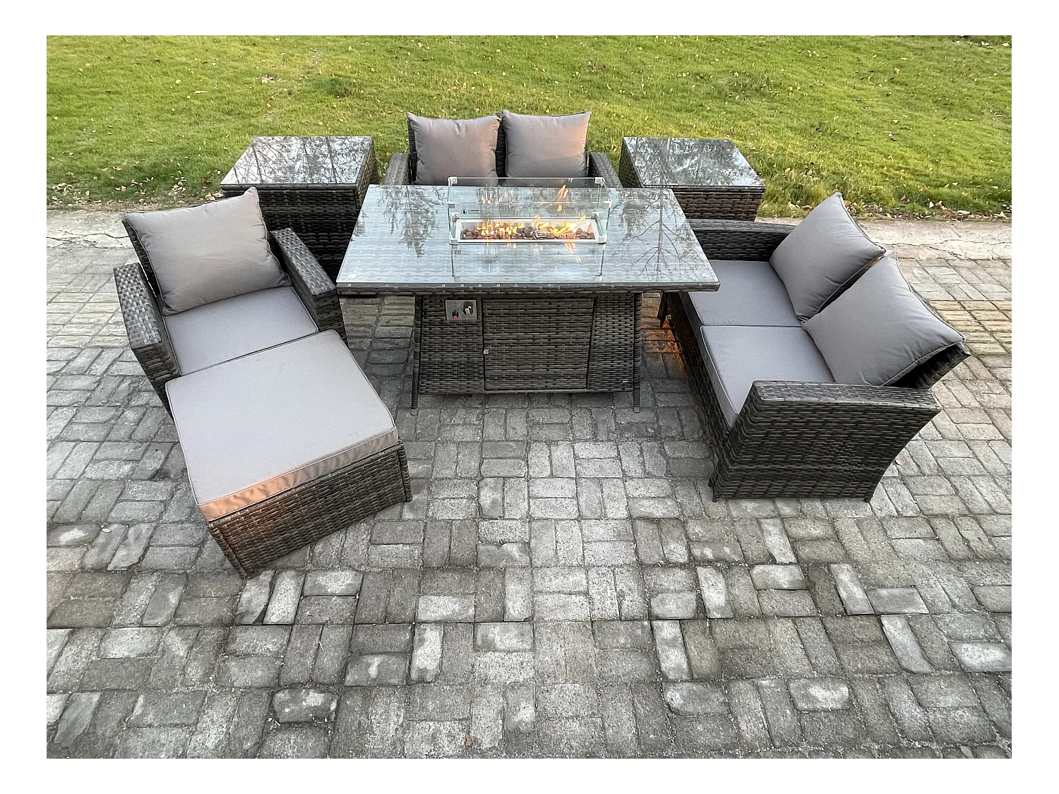 Ensemble de meubles de jardin en rotin Table de foyer à gaz Sets 2 Table d'appoint 6 Places