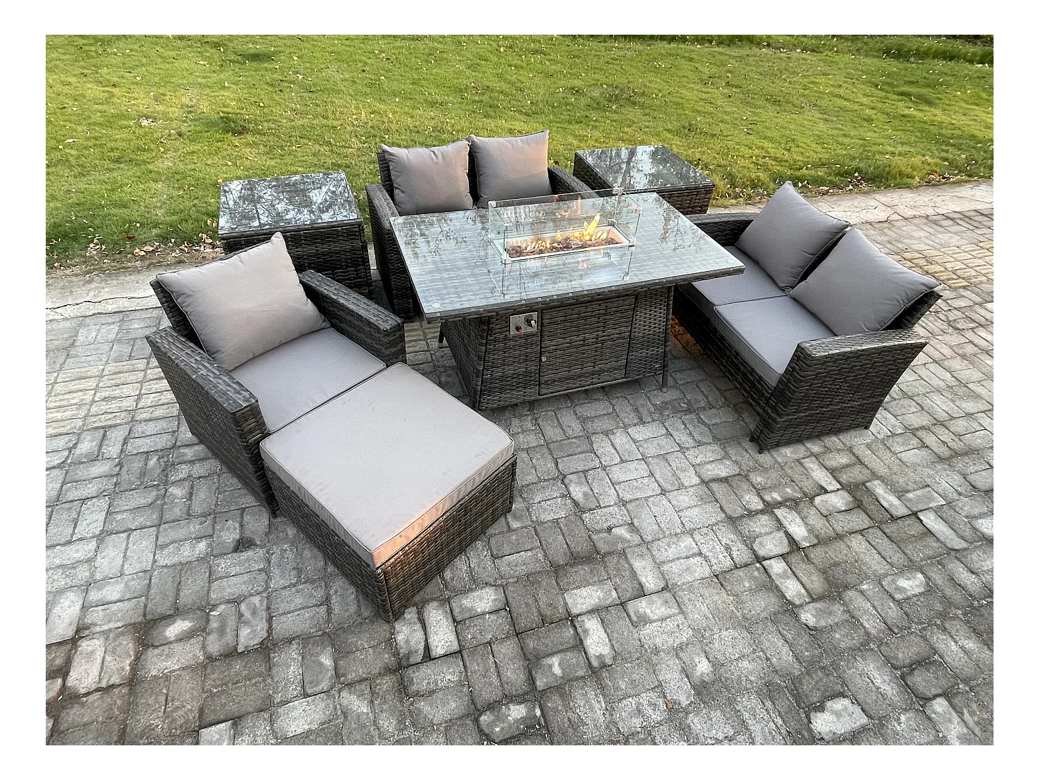 Ensemble de meubles de jardin en rotin Table de foyer à gaz Sets 2 Table d'appoint 6 Places