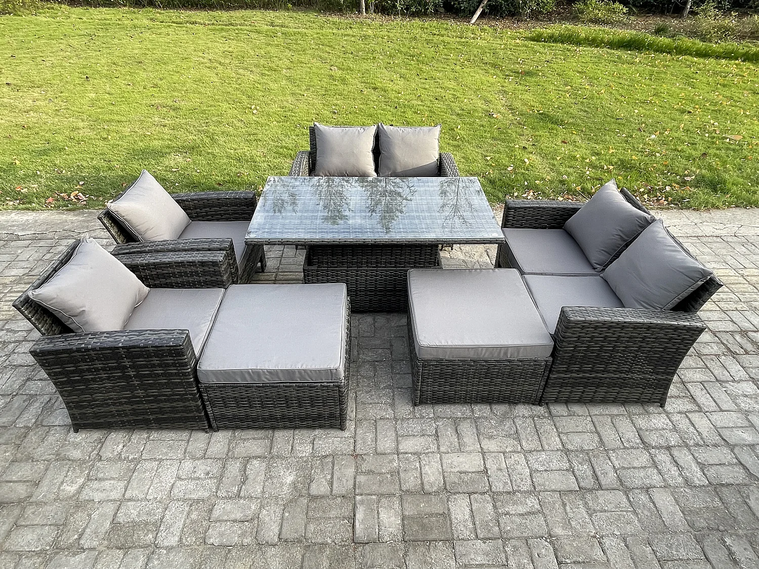 8-Sitzer Polyrattan Gartenmöbel Einstellbare Höhe Esstisch Set mit 2 Großer Fußhocker Doppelsitz-Sofa Stuhls Dunkelgrau Gemischt