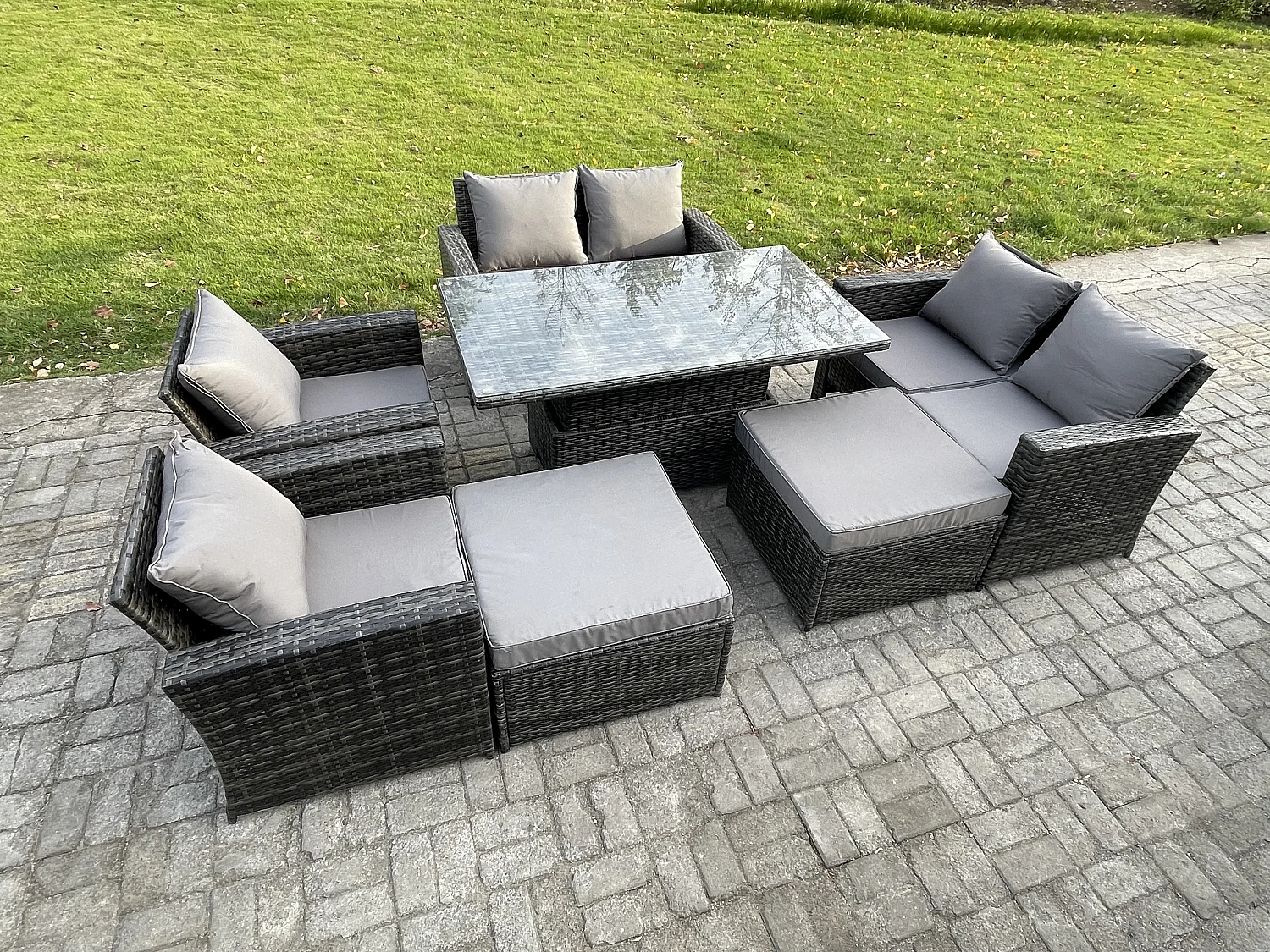 8-Sitzer Polyrattan Gartenmöbel Einstellbare Höhe Esstisch Set mit 2 Großer Fußhocker Doppelsitz-Sofa Stuhls Dunkelgrau Gemischt