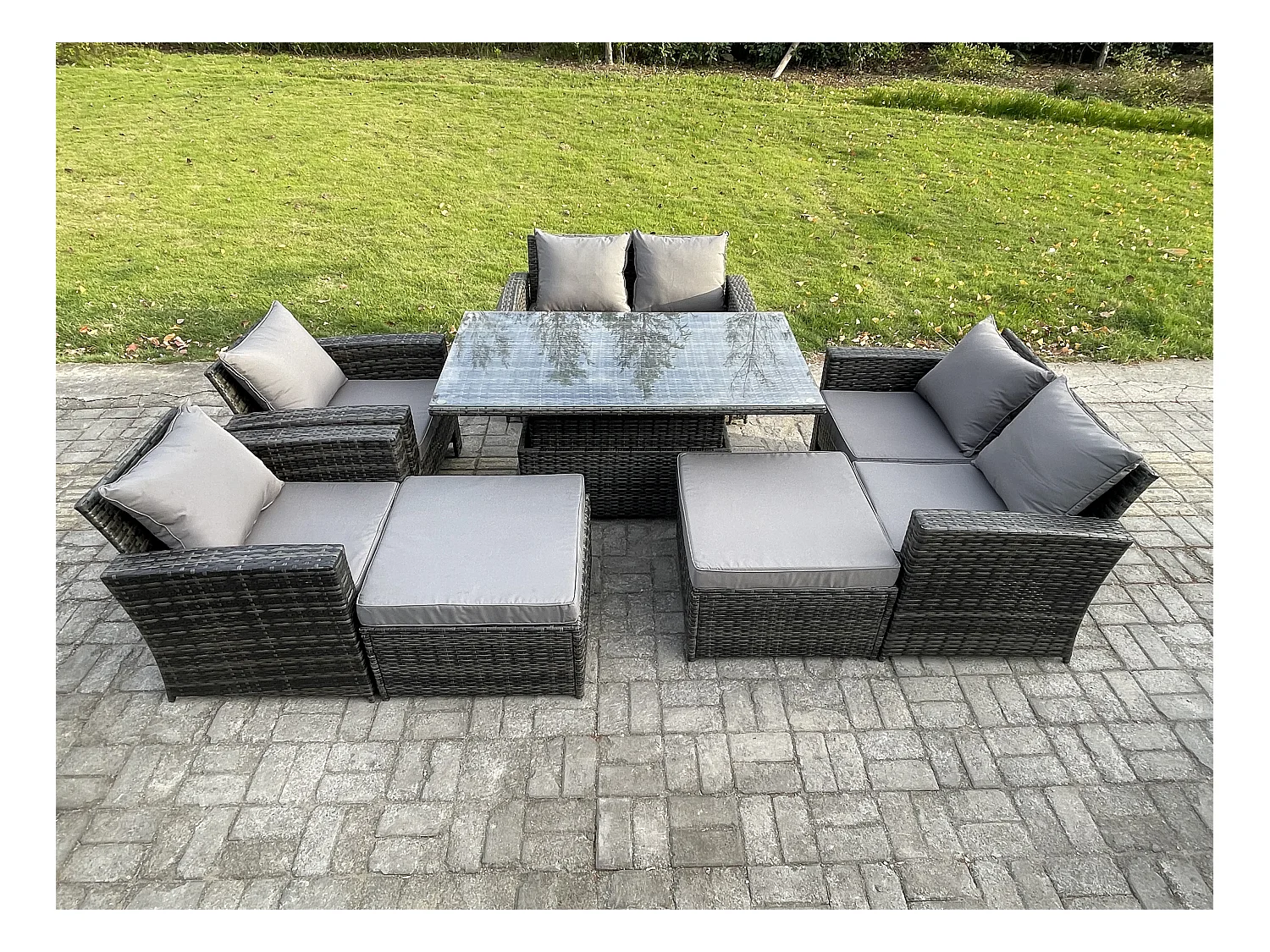 8 Places Ensemble de meubles de jardin en rotin Table à manger réglable en hauteur Gris foncé