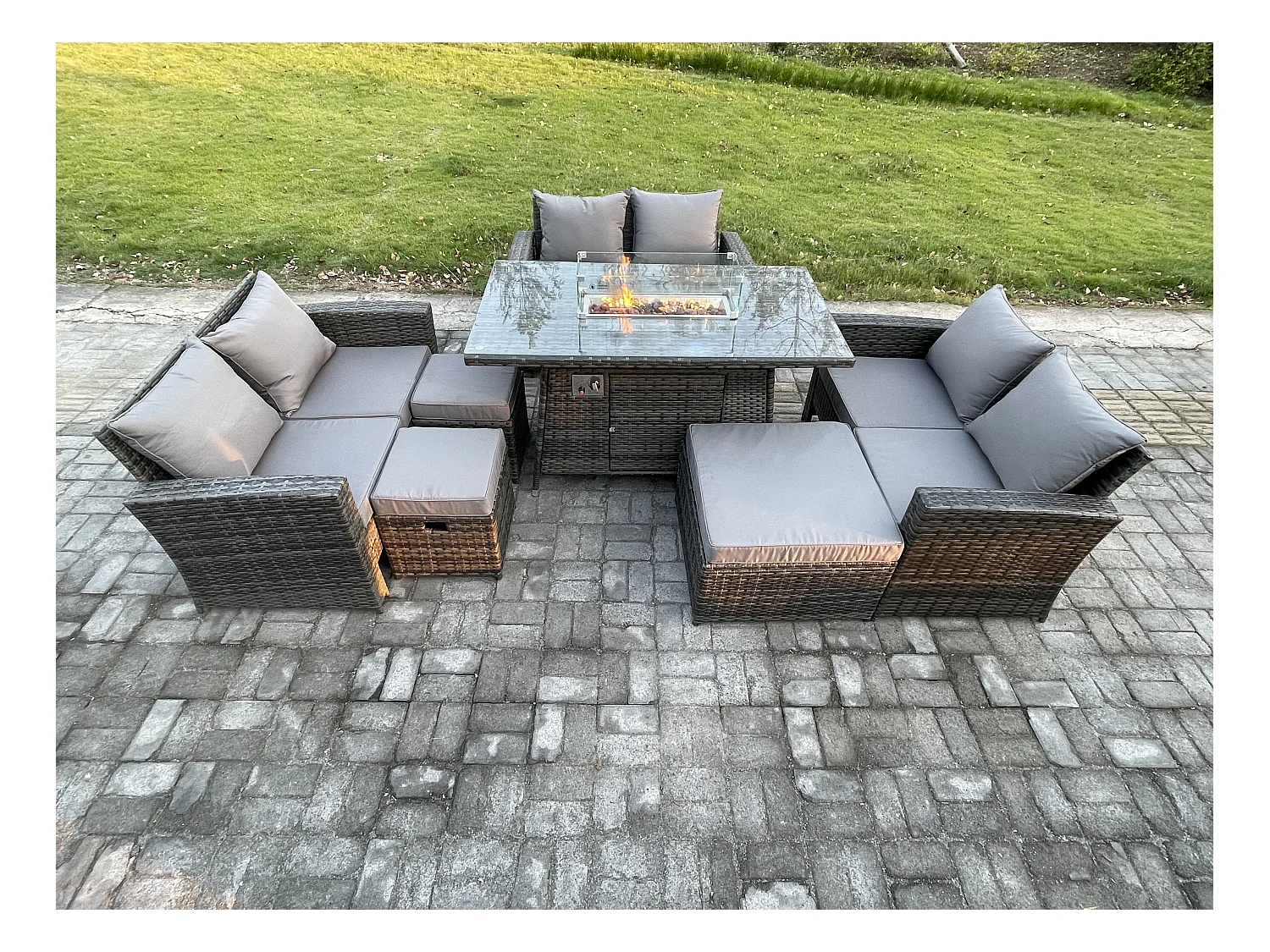 Dossier haut Ensemble de canapé en rotin Meubles d'extérieur ave 3 Tabouret Gris foncé