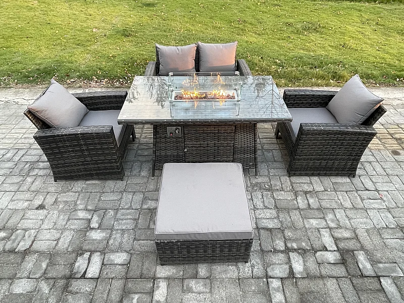 5-Sitzer Rattan Gartensofa Set Gartenmöbel Gas Feuerstelle Esstisch Heater mit Großer Fußhocker Dunkelgrau Gemischt