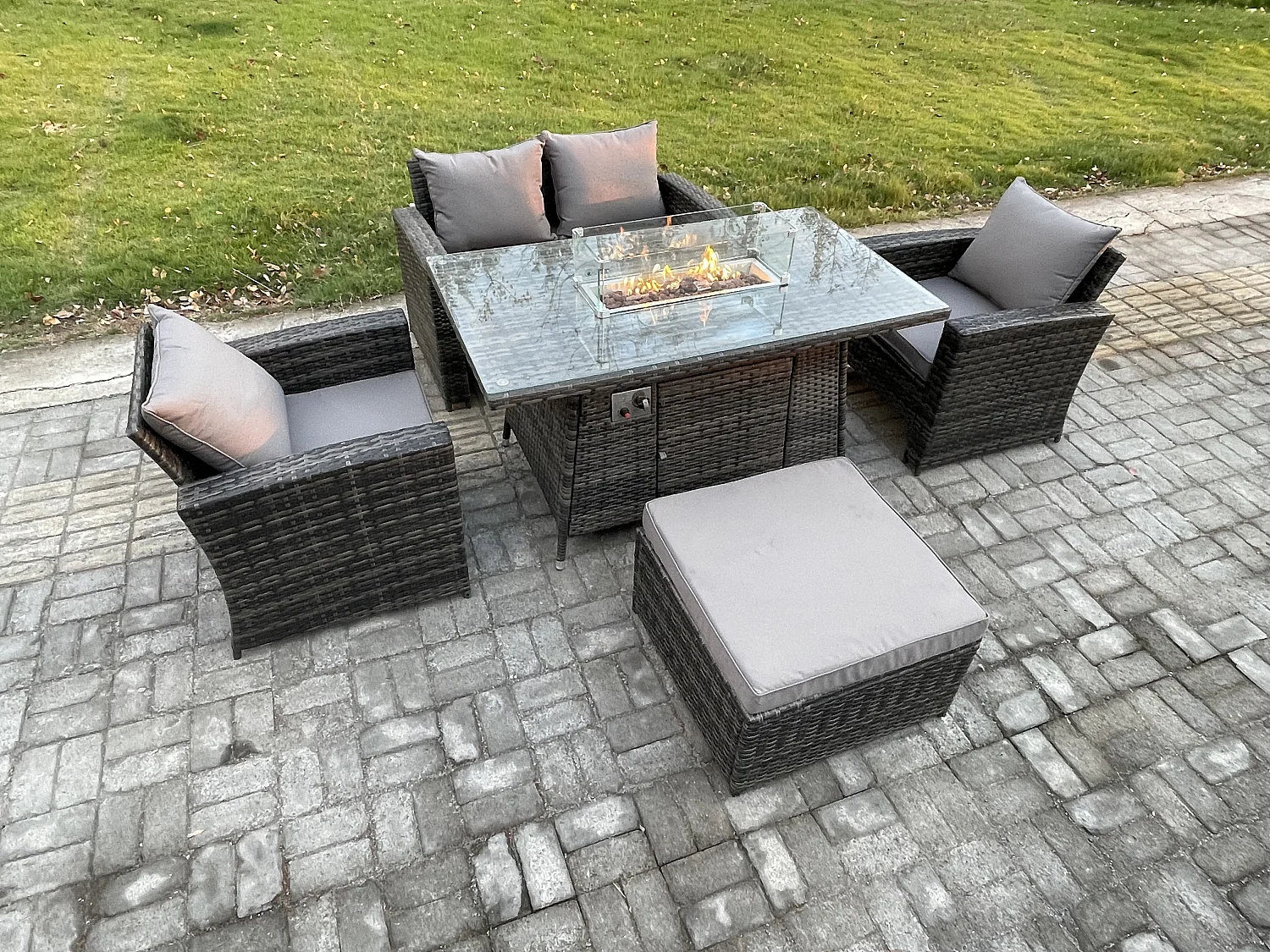 5-Sitzer Rattan Gartensofa Set Gartenmöbel Gas Feuerstelle Esstisch Heater mit Großer Fußhocker Dunkelgrau Gemischt