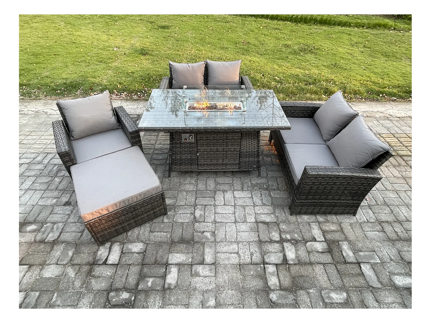 Ensemble de meubles de jardin en rotin Table de foyer à gaz Sets 6 Places Gris foncé